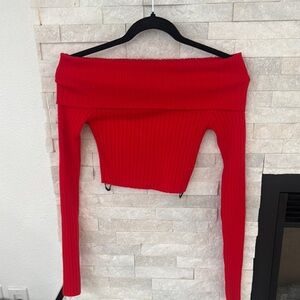 Off-Shoulder Red Ribbed Sweater small